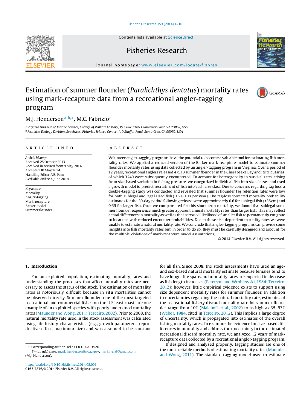 Estimation of summer flounder (Paralichthys dentatus) mortality rates using mark-recapture data from a recreational angler-tagging program