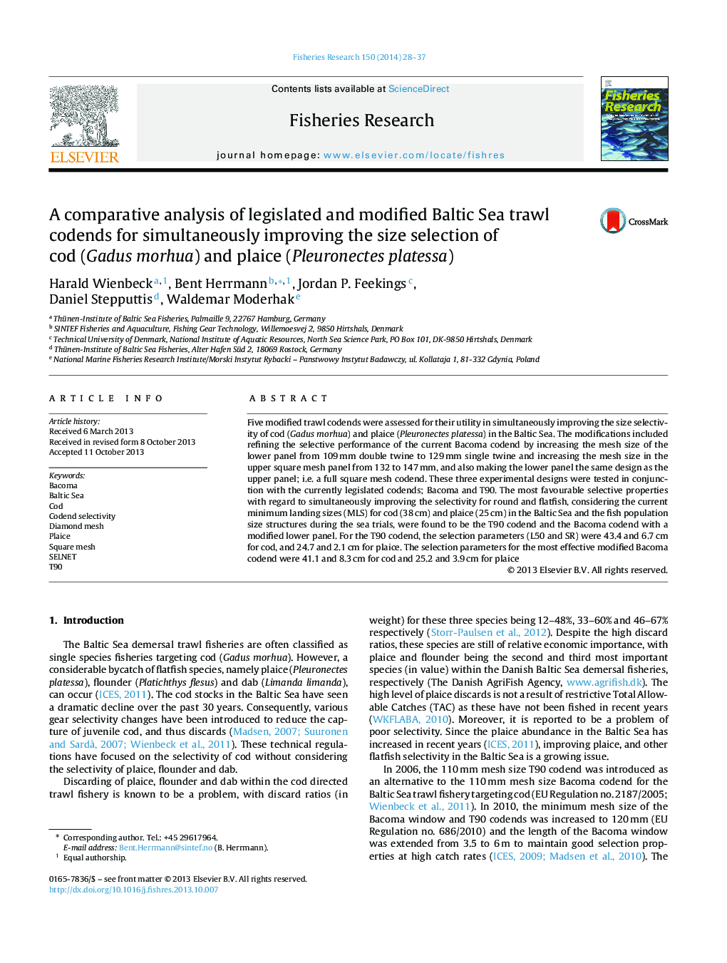 A comparative analysis of legislated and modified Baltic Sea trawl codends for simultaneously improving the size selection of cod (Gadus morhua) and plaice (Pleuronectes platessa)