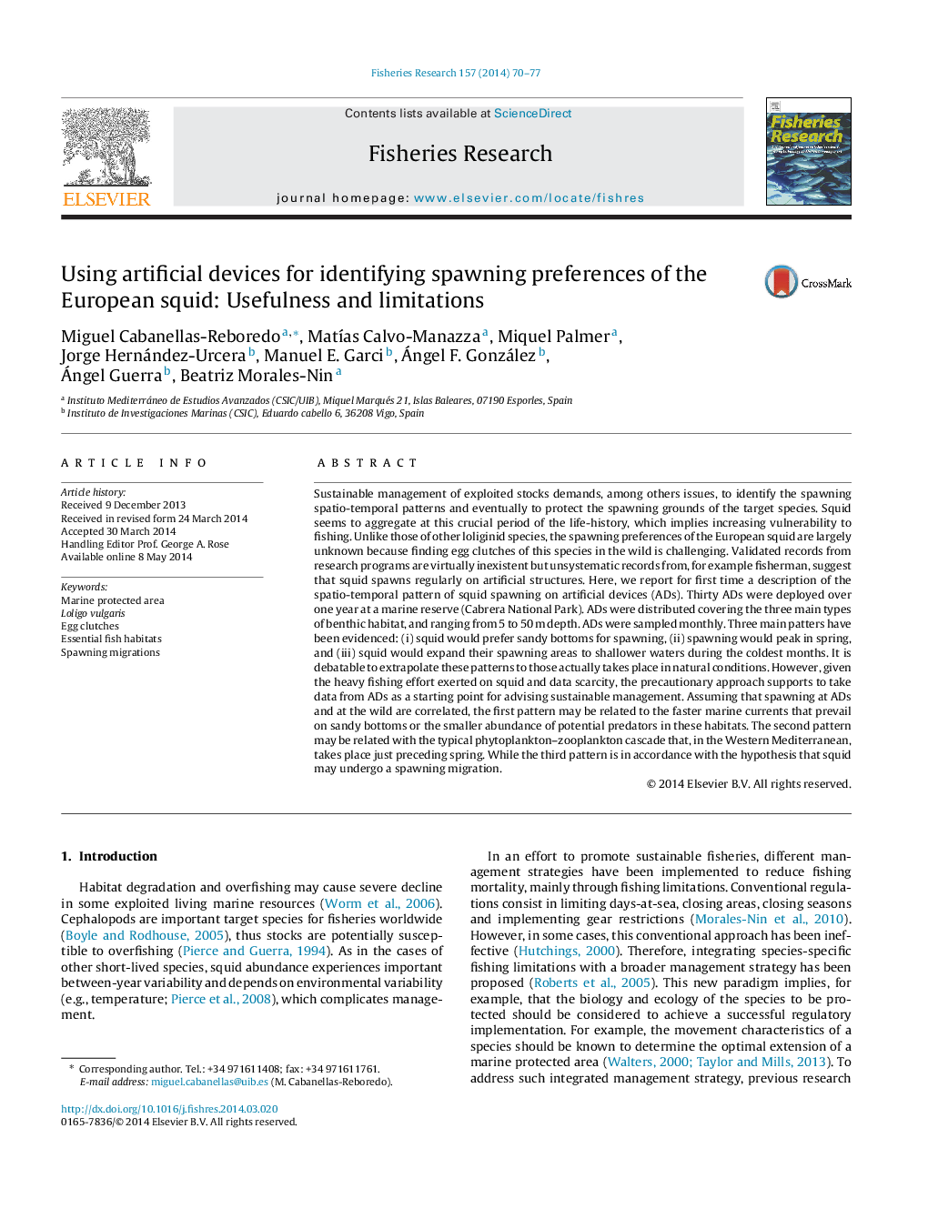 Using artificial devices for identifying spawning preferences of the European squid: Usefulness and limitations