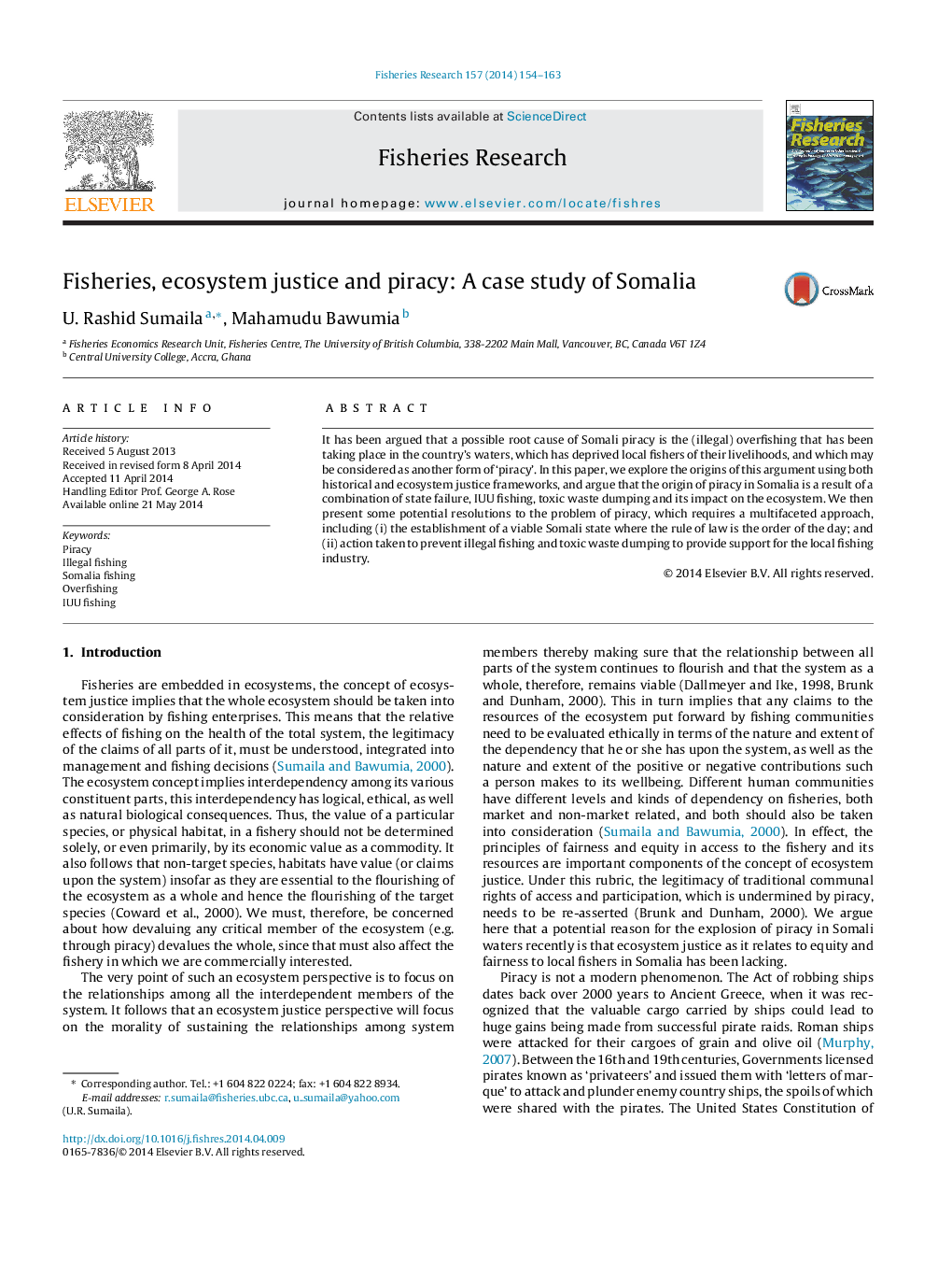 Fisheries, ecosystem justice and piracy: A case study of Somalia