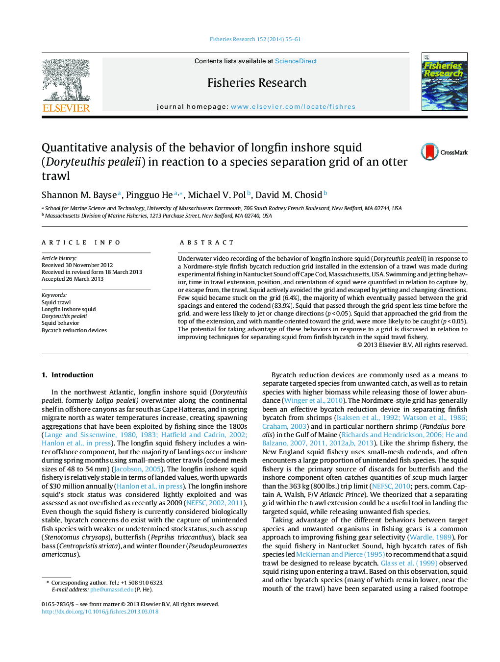 Quantitative analysis of the behavior of longfin inshore squid (Doryteuthis pealeii) in reaction to a species separation grid of an otter trawl