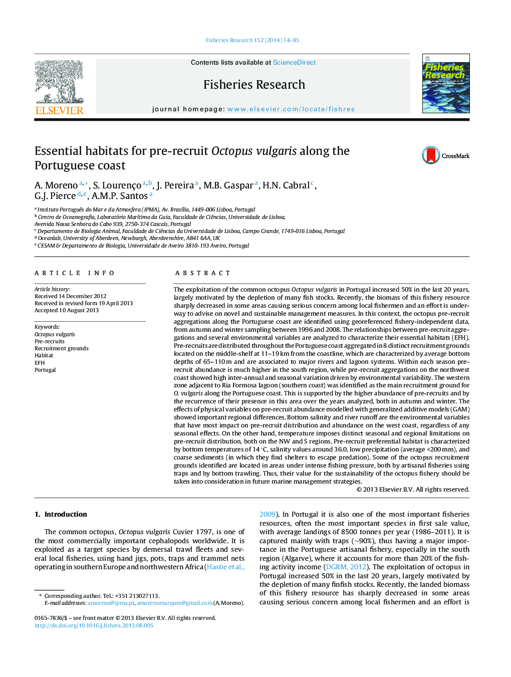 Essential habitats for pre-recruit Octopus vulgaris along the Portuguese coast