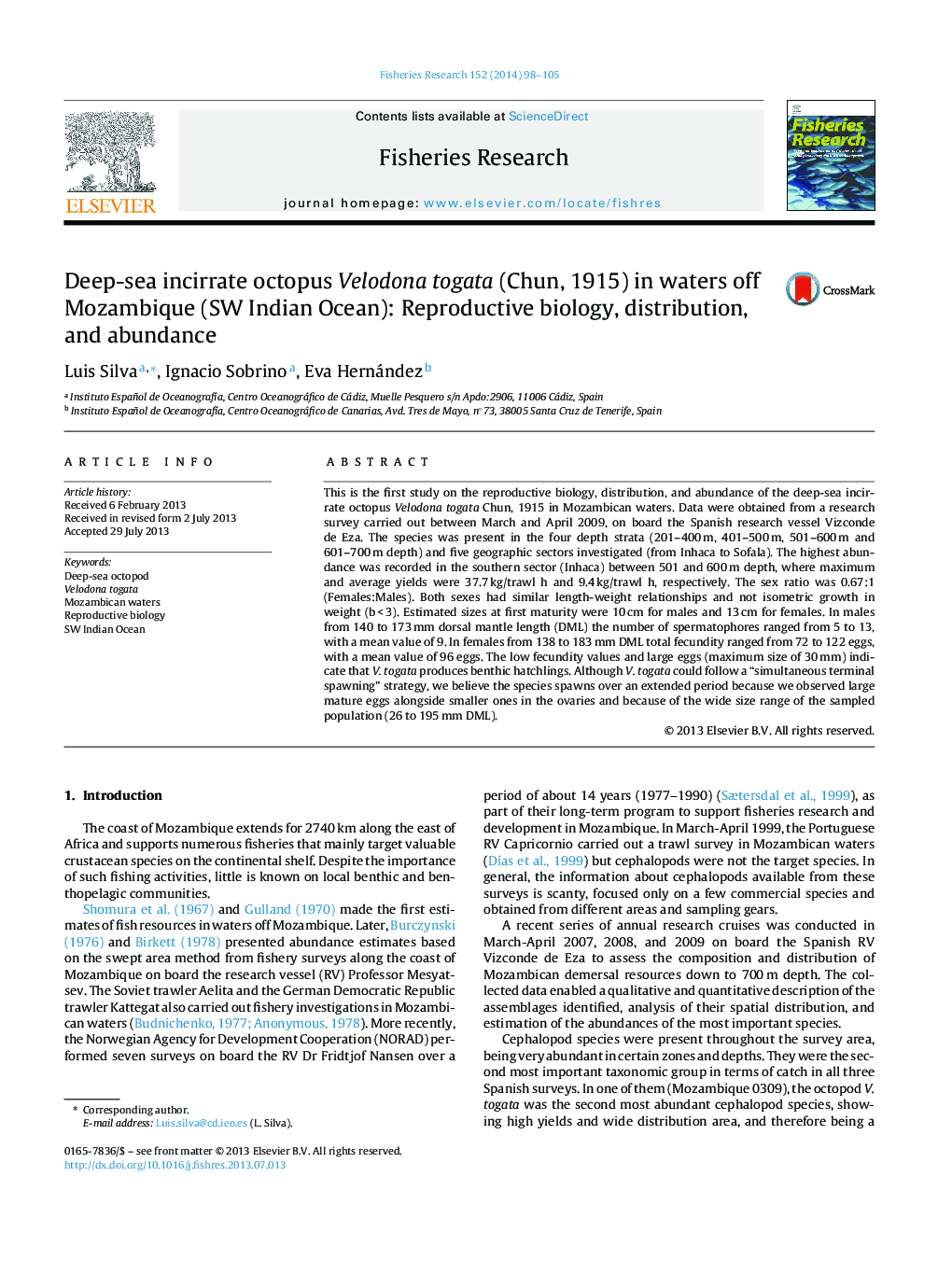 Deep-sea incirrate octopus Velodona togata (Chun, 1915) in waters off Mozambique (SW Indian Ocean): Reproductive biology, distribution, and abundance