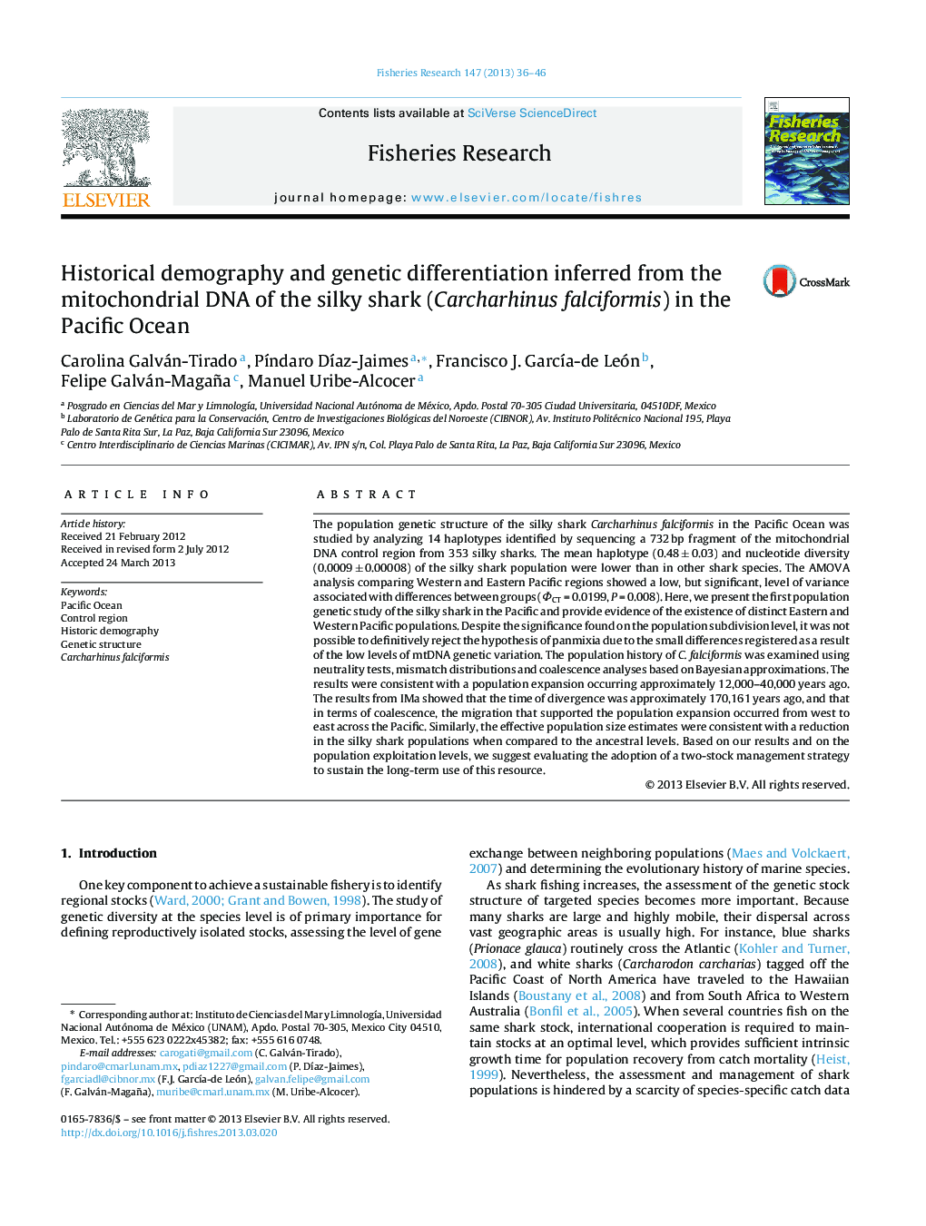 Historical demography and genetic differentiation inferred from the mitochondrial DNA of the silky shark (Carcharhinus falciformis) in the Pacific Ocean