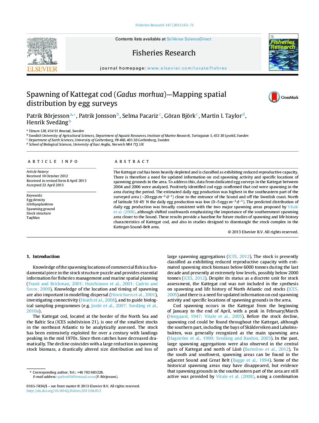 Spawning of Kattegat cod (Gadus morhua)—Mapping spatial distribution by egg surveys