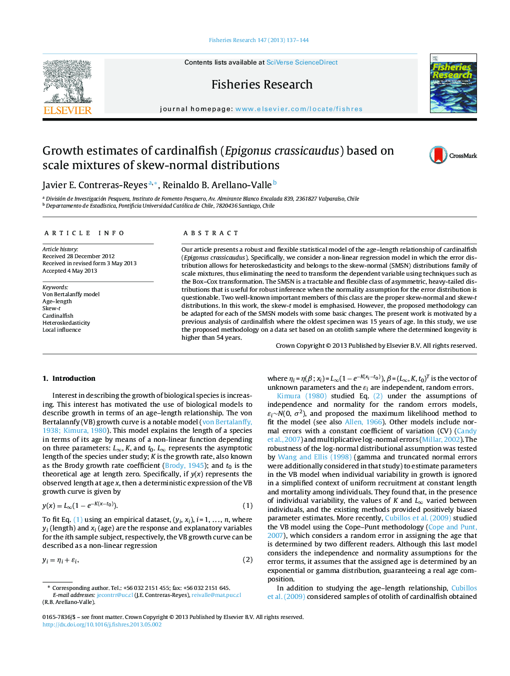 Growth estimates of cardinalfish (Epigonus crassicaudus) based on scale mixtures of skew-normal distributions