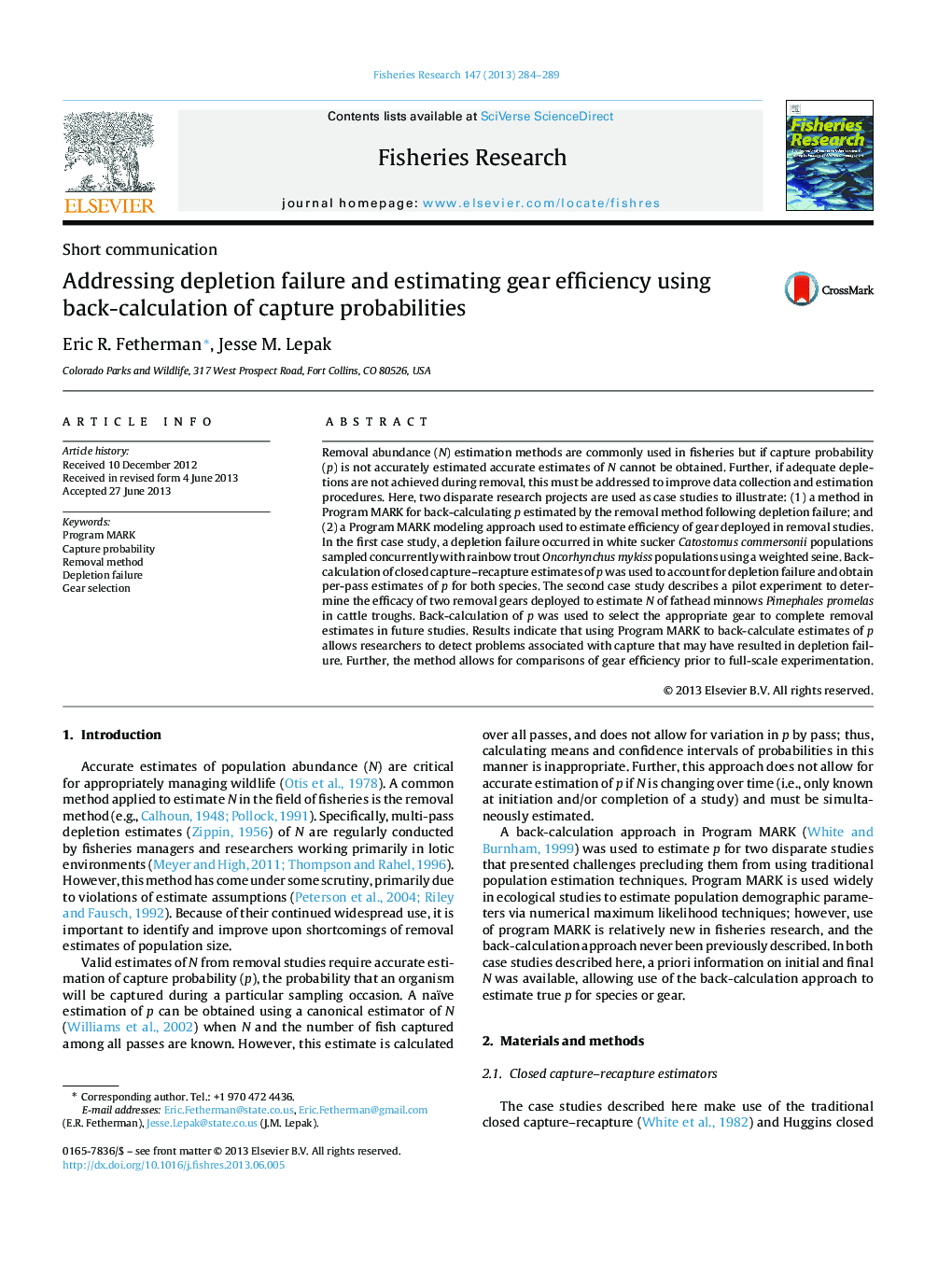 Addressing depletion failure and estimating gear efficiency using back-calculation of capture probabilities