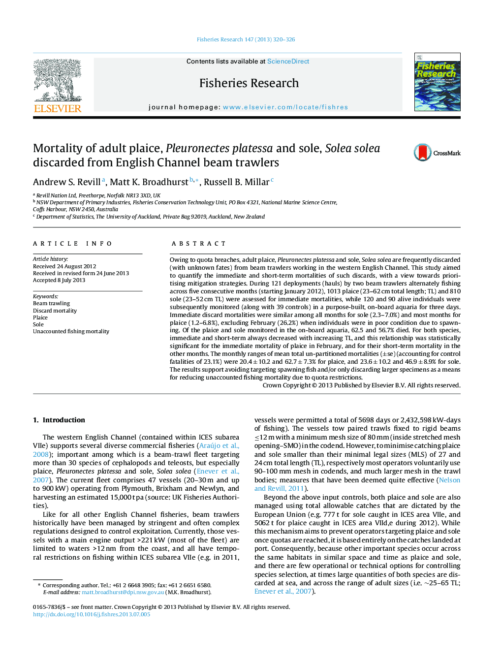 Mortality of adult plaice, Pleuronectes platessa and sole, Solea solea discarded from English Channel beam trawlers