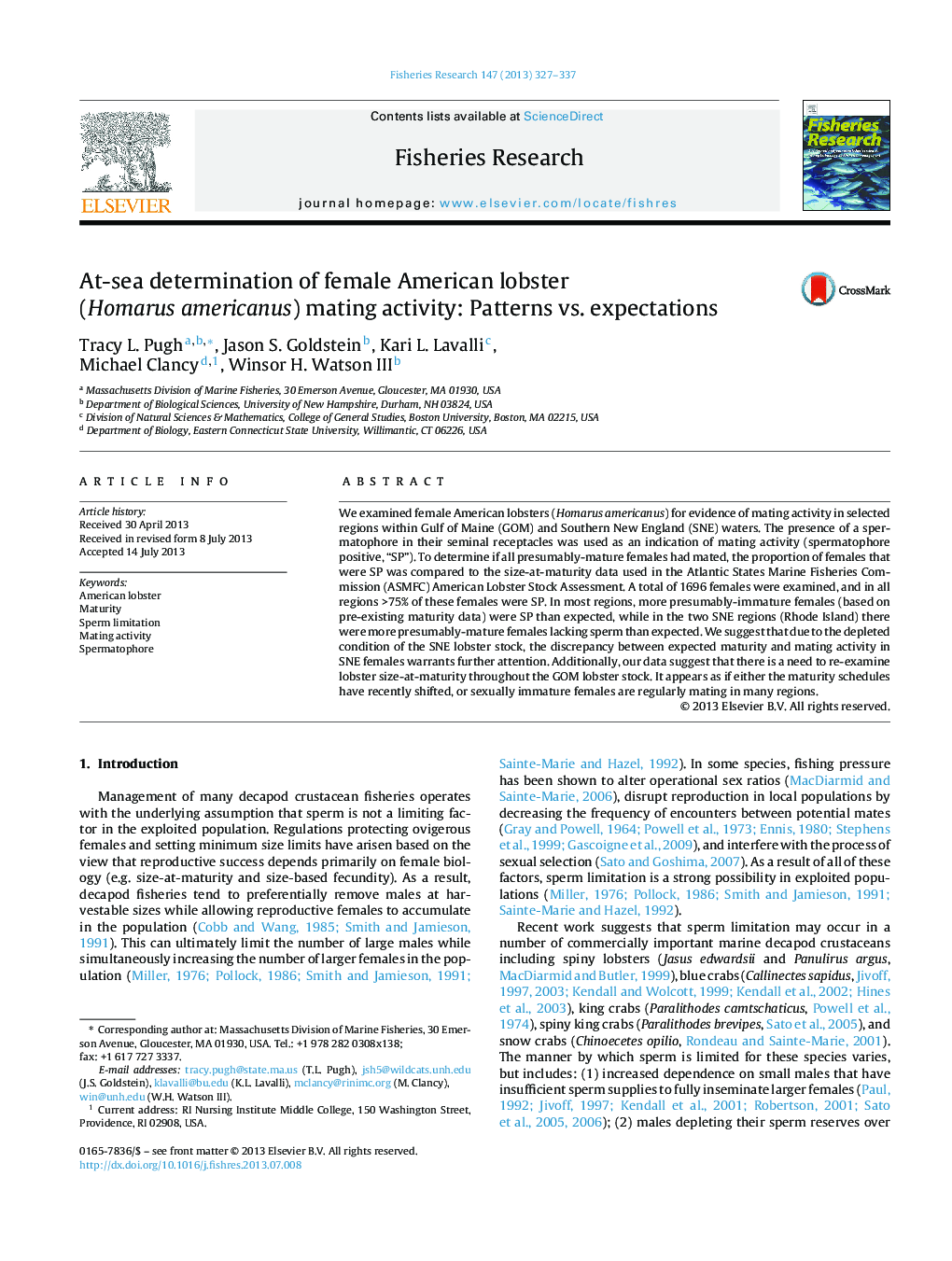 At-sea determination of female American lobster (Homarus americanus) mating activity: Patterns vs. expectations