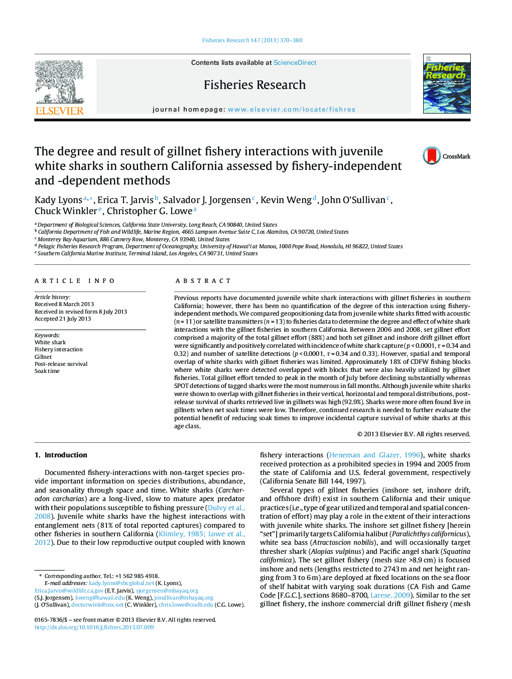 The degree and result of gillnet fishery interactions with juvenile white sharks in southern California assessed by fishery-independent and -dependent methods