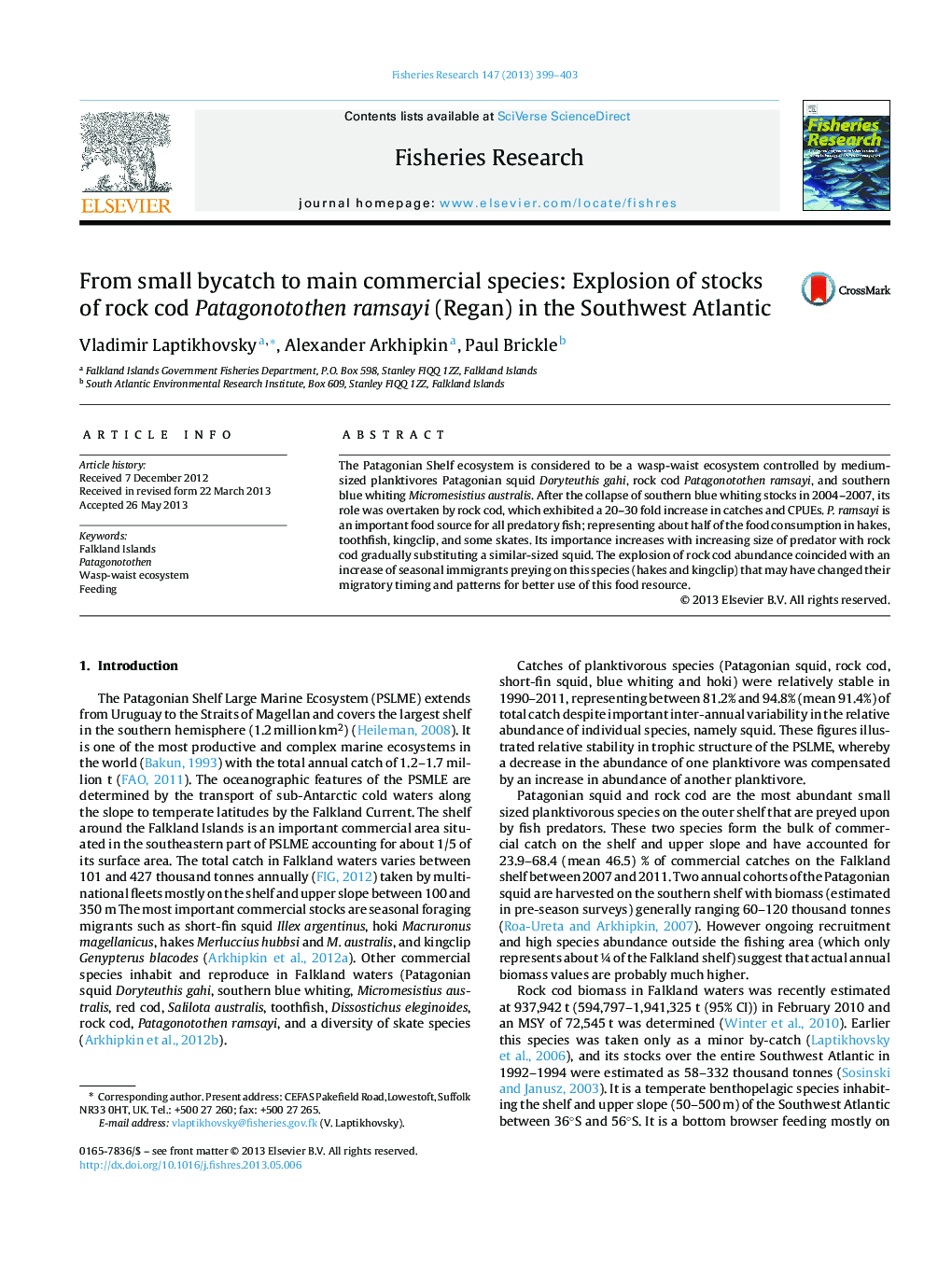 From small bycatch to main commercial species: Explosion of stocks of rock cod Patagonotothen ramsayi (Regan) in the Southwest Atlantic