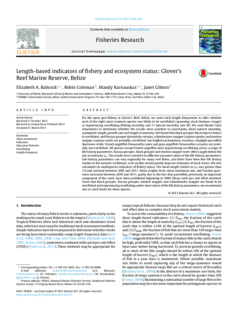 Length-based indicators of fishery and ecosystem status: Glover's Reef Marine Reserve, Belize