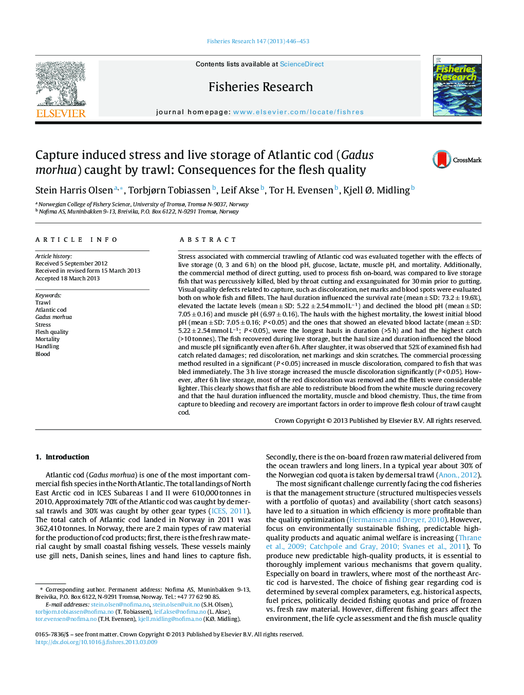 Capture induced stress and live storage of Atlantic cod (Gadus morhua) caught by trawl: Consequences for the flesh quality