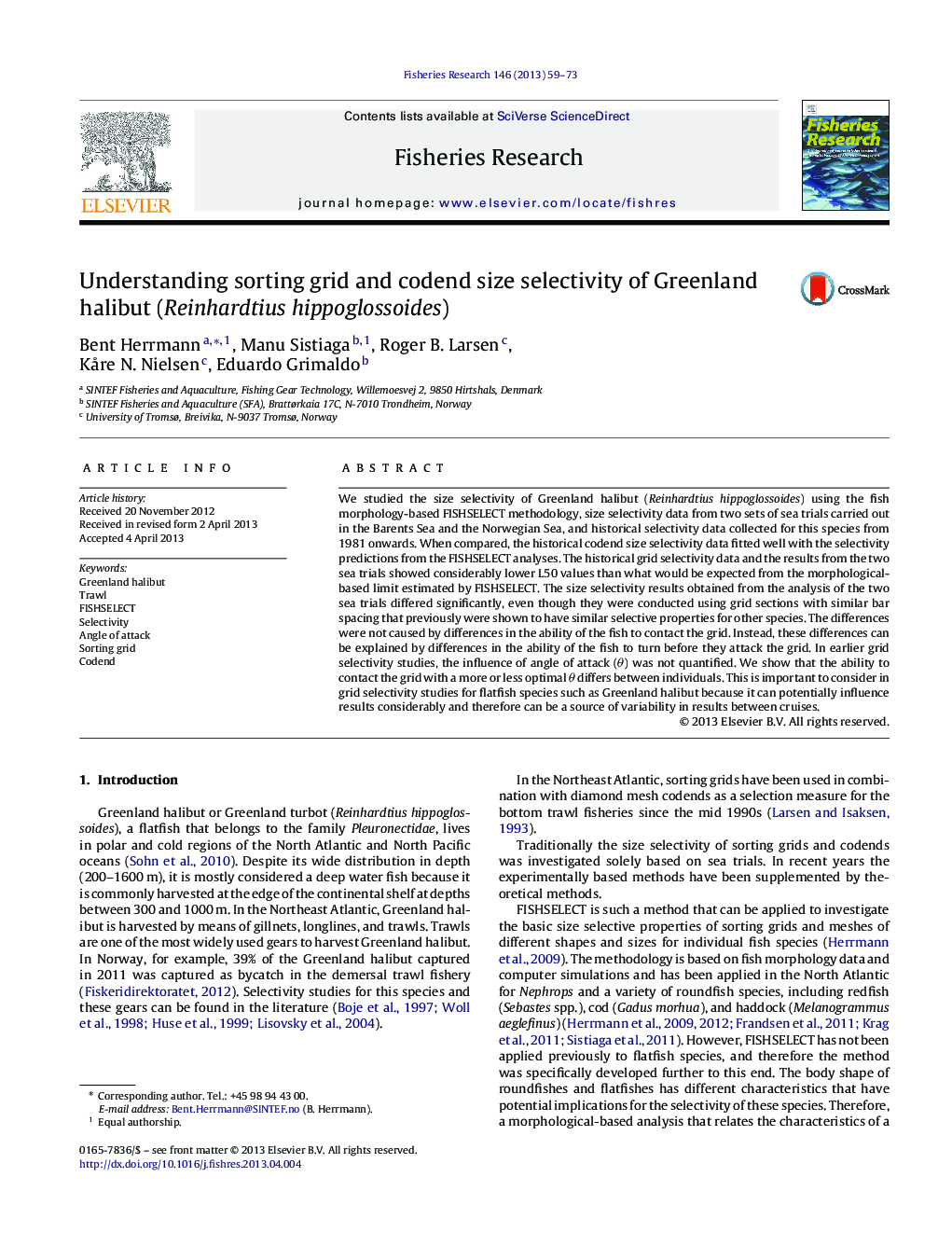 Understanding sorting grid and codend size selectivity of Greenland halibut (Reinhardtius hippoglossoides)