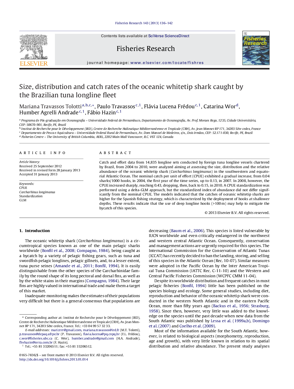 Size, distribution and catch rates of the oceanic whitetip shark caught by the Brazilian tuna longline fleet