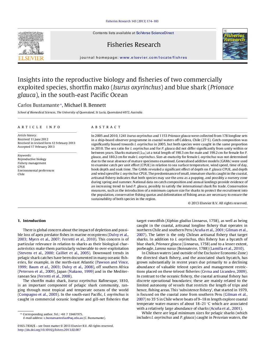 Insights into the reproductive biology and fisheries of two commercially exploited species, shortfin mako (Isurus oxyrinchus) and blue shark (Prionace glauca), in the south-east Pacific Ocean