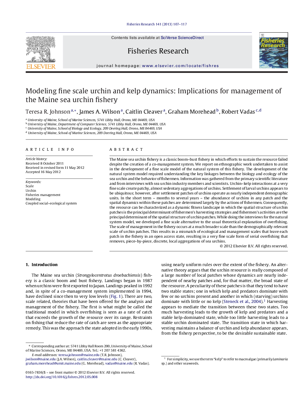 Modeling fine scale urchin and kelp dynamics: Implications for management of the Maine sea urchin fishery