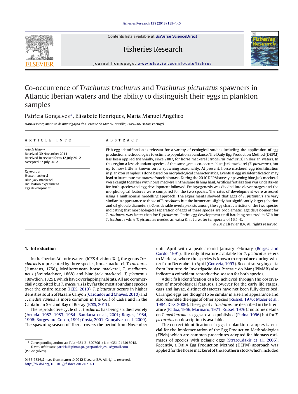 Co-occurrence of Trachurus trachurus and Trachurus picturatus spawners in Atlantic Iberian waters and the ability to distinguish their eggs in plankton samples