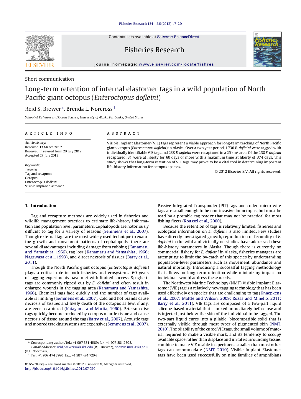 Long-term retention of internal elastomer tags in a wild population of North Pacific giant octopus (Enteroctopus dofleini)