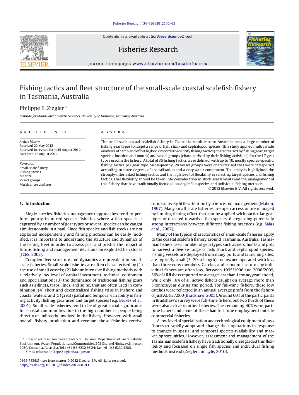 Fishing tactics and fleet structure of the small-scale coastal scalefish fishery in Tasmania, Australia