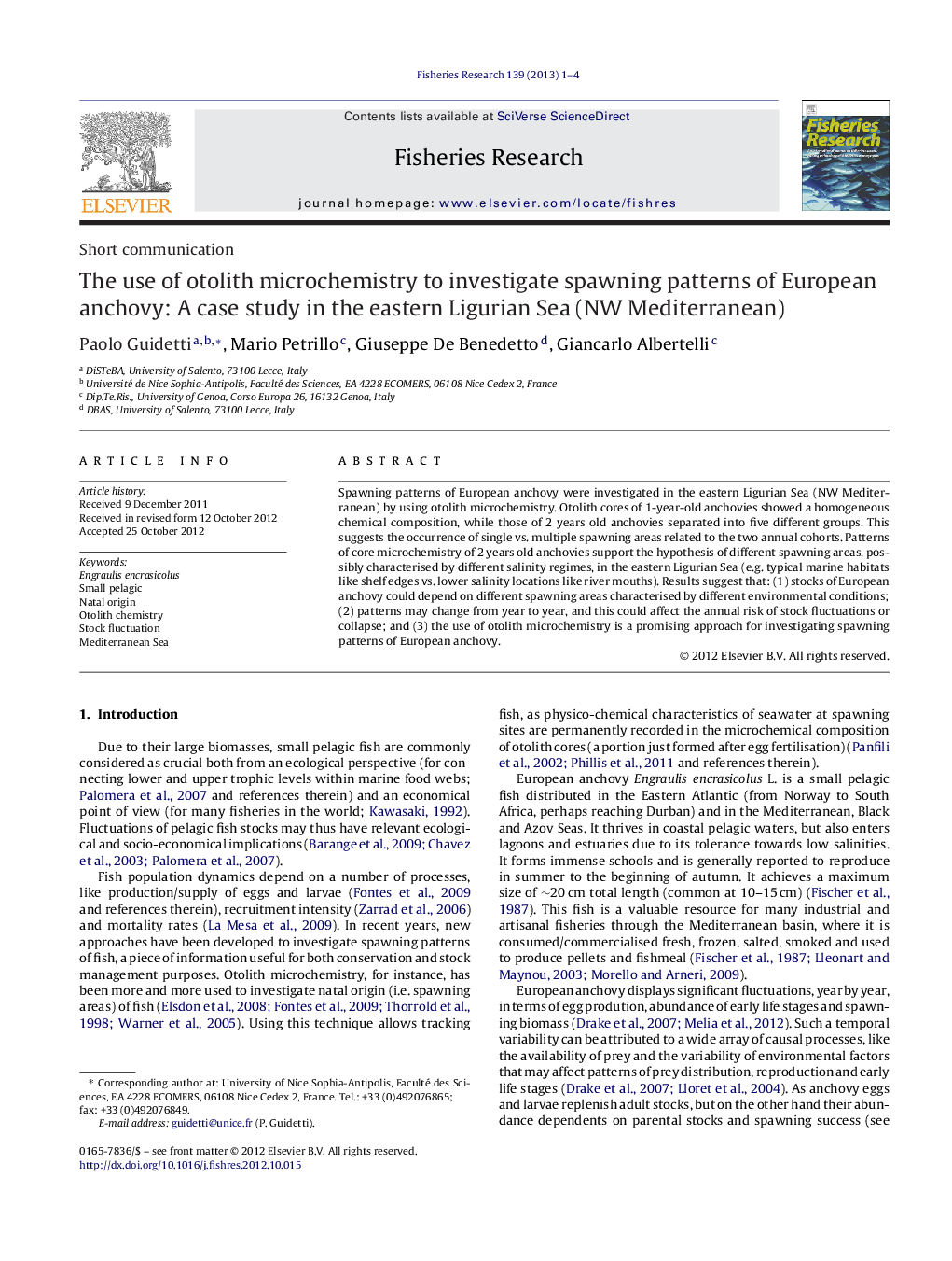 The use of otolith microchemistry to investigate spawning patterns of European anchovy: A case study in the eastern Ligurian Sea (NW Mediterranean)