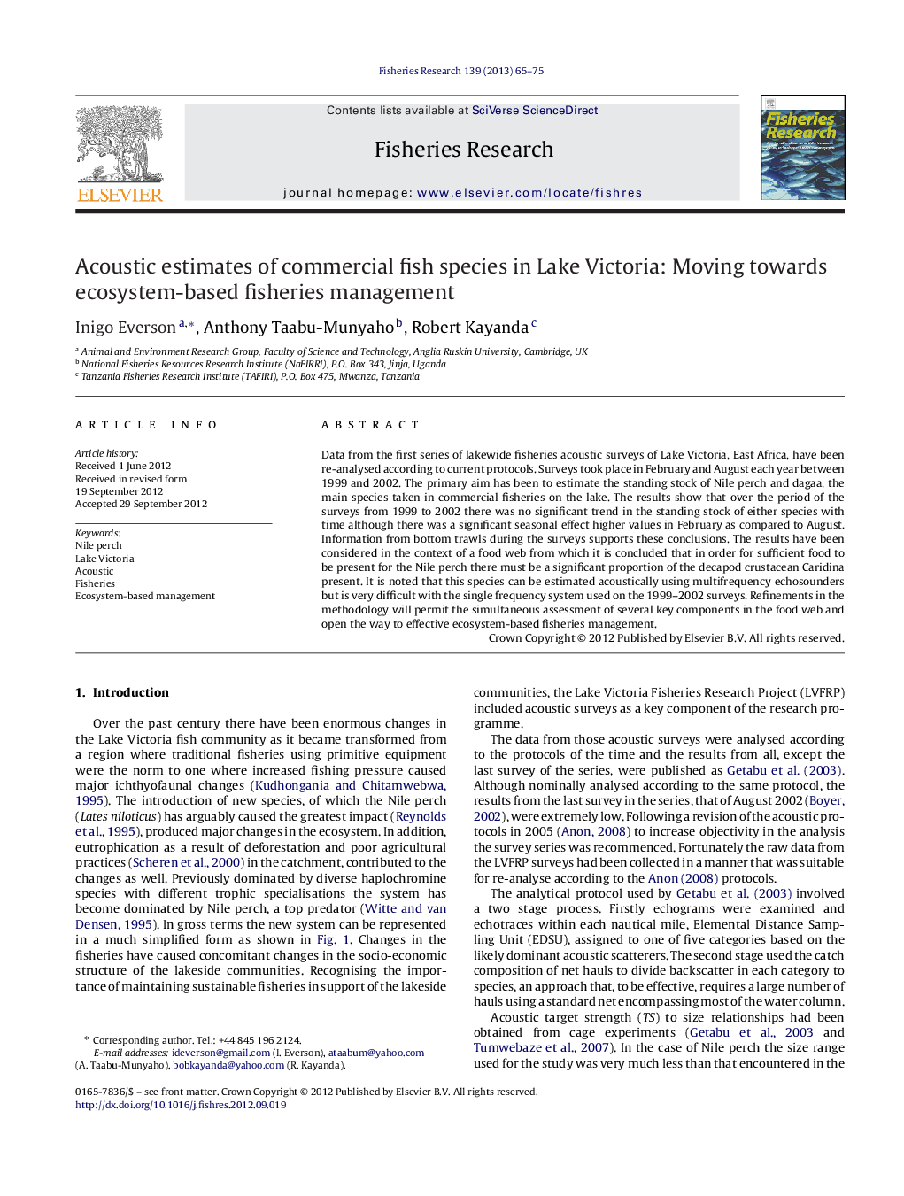 Acoustic estimates of commercial fish species in Lake Victoria: Moving towards ecosystem-based fisheries management