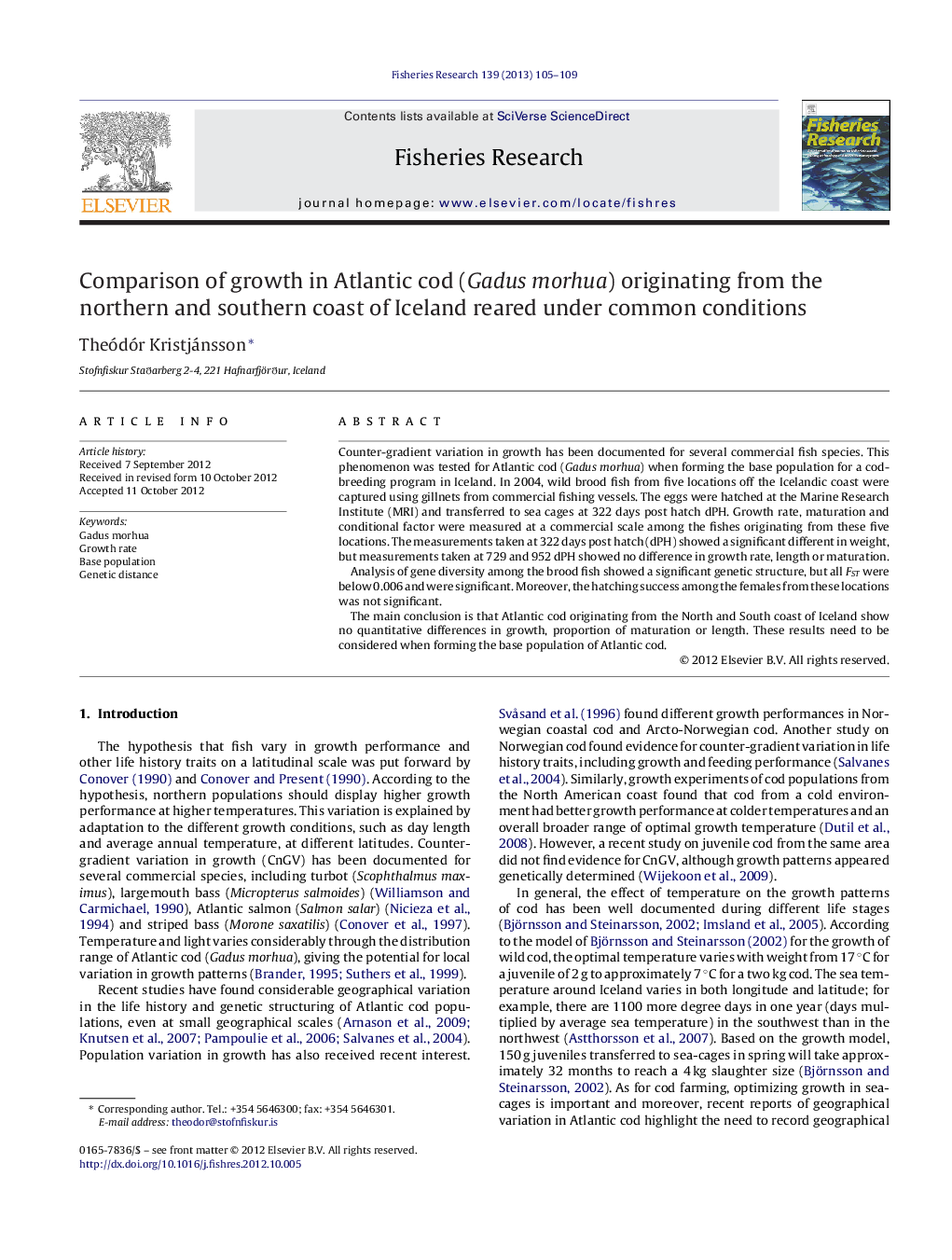 Comparison of growth in Atlantic cod (Gadus morhua) originating from the northern and southern coast of Iceland reared under common conditions