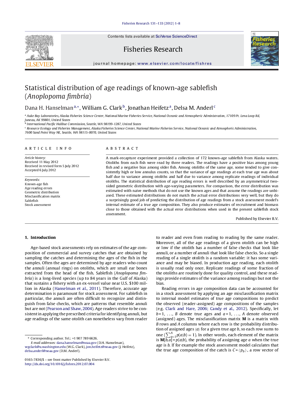 Statistical distribution of age readings of known-age sablefish (Anoplopoma fimbria)