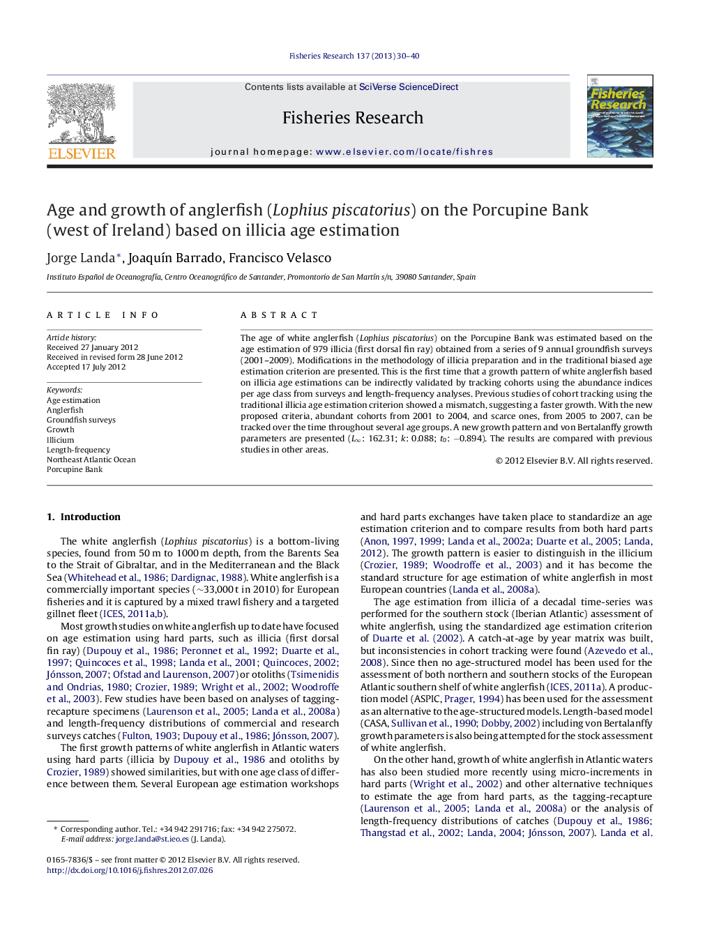 Age and growth of anglerfish (Lophius piscatorius) on the Porcupine Bank (west of Ireland) based on illicia age estimation