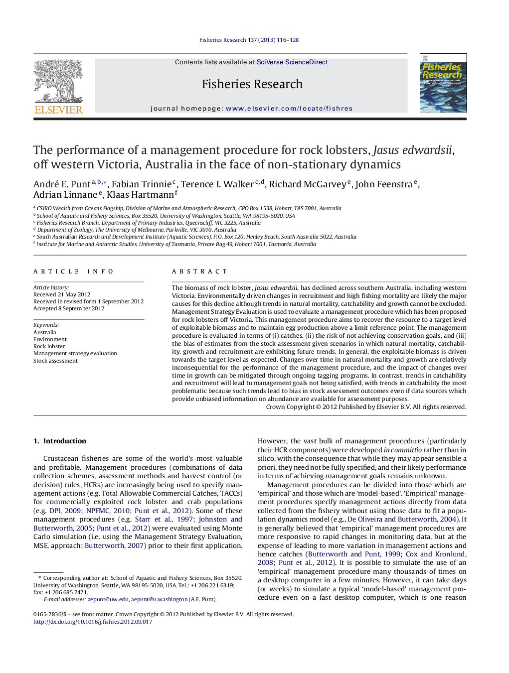 The performance of a management procedure for rock lobsters, Jasus edwardsii, off western Victoria, Australia in the face of non-stationary dynamics