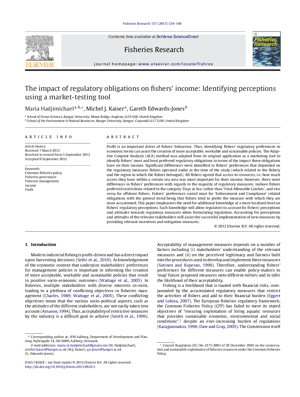 The impact of regulatory obligations on fishers’ income: Identifying perceptions using a market-testing tool