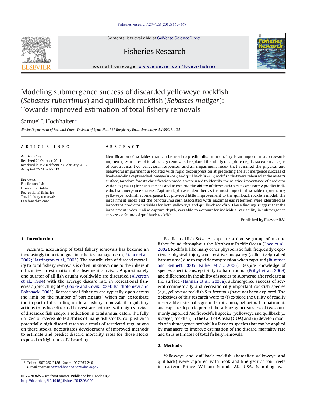 Modeling submergence success of discarded yelloweye rockfish (Sebastes ruberrimus) and quillback rockfish (Sebastes maliger): Towards improved estimation of total fishery removals