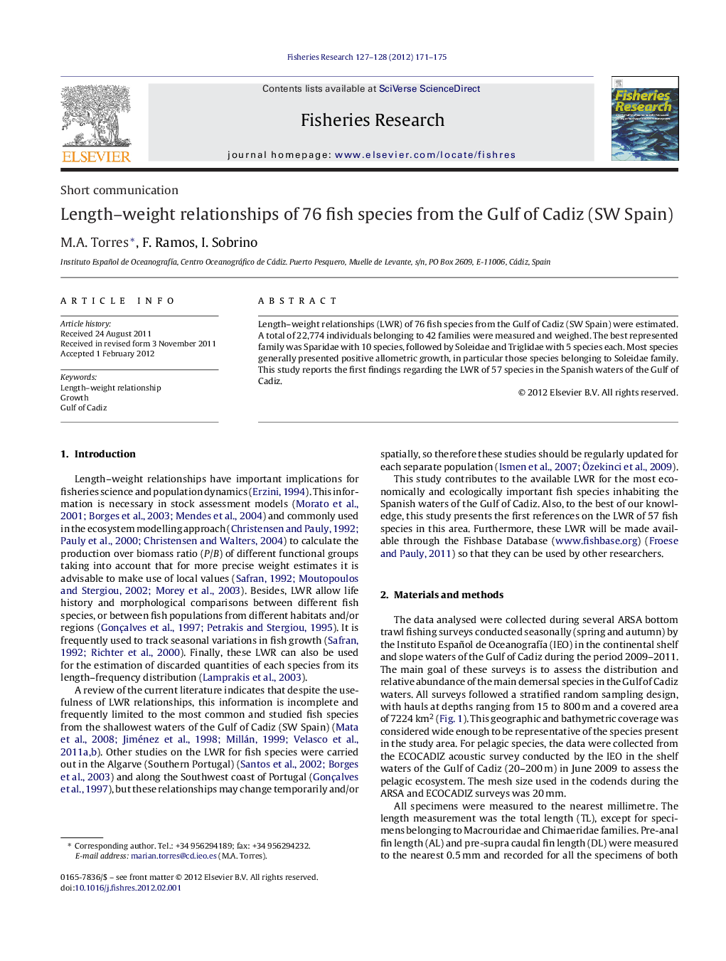 Length–weight relationships of 76 fish species from the Gulf of Cadiz (SW Spain)