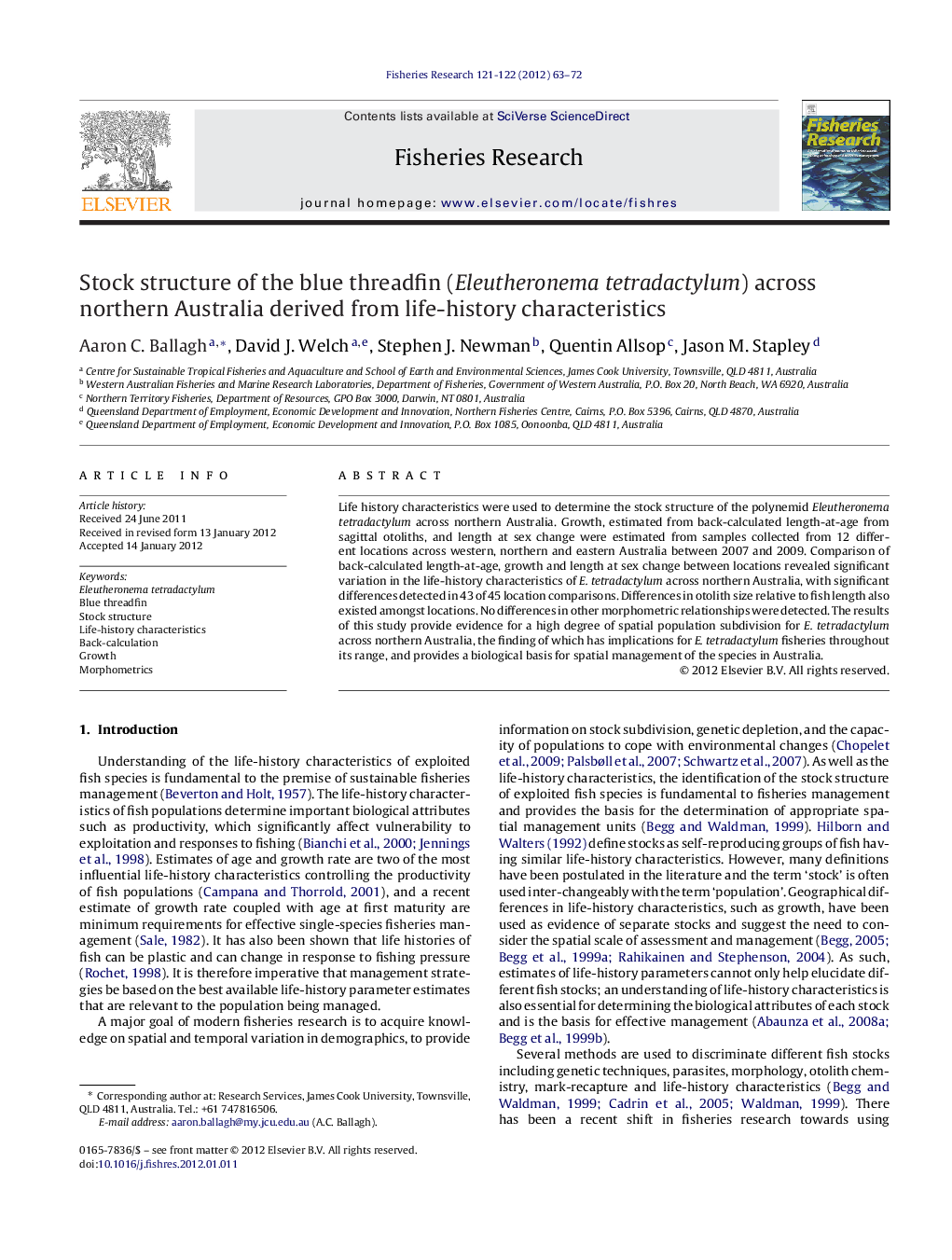 Stock structure of the blue threadfin (Eleutheronema tetradactylum) across northern Australia derived from life-history characteristics