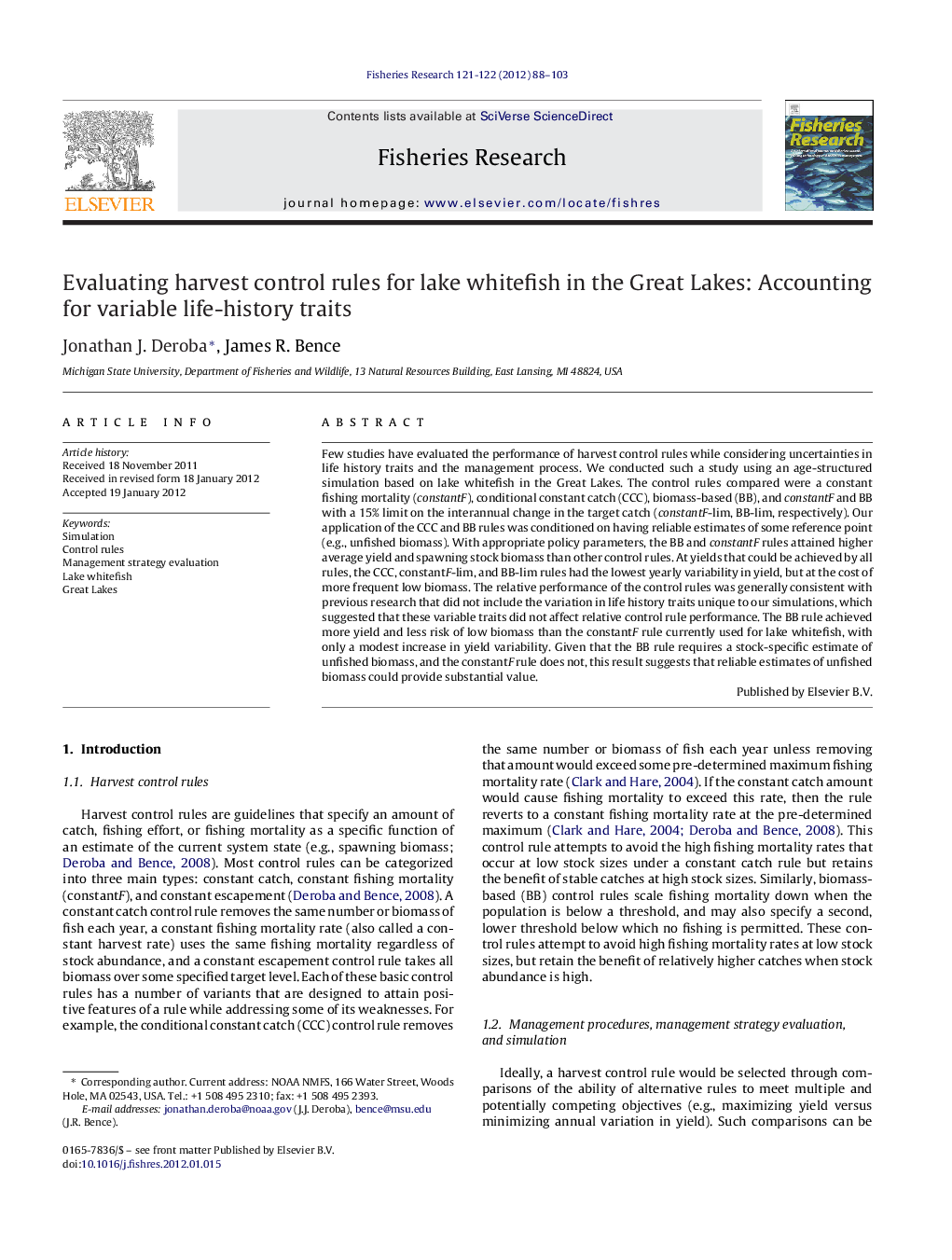 Evaluating harvest control rules for lake whitefish in the Great Lakes: Accounting for variable life-history traits