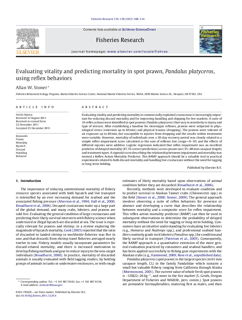 Evaluating vitality and predicting mortality in spot prawn, Pandalus platyceros, using reflex behaviors