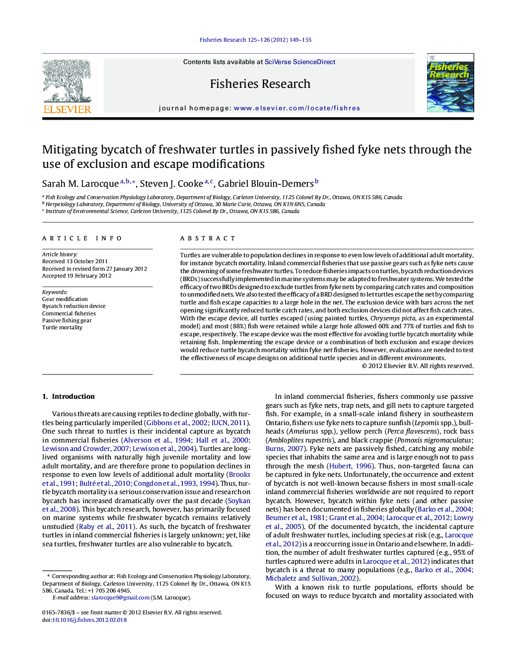 Mitigating bycatch of freshwater turtles in passively fished fyke nets through the use of exclusion and escape modifications