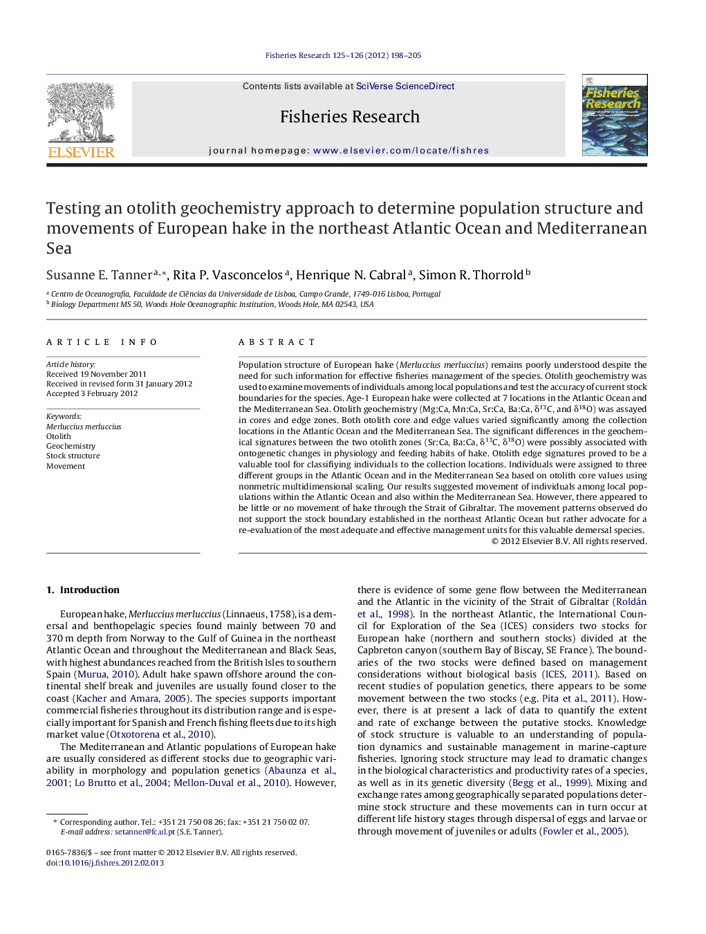 Testing an otolith geochemistry approach to determine population structure and movements of European hake in the northeast Atlantic Ocean and Mediterranean Sea