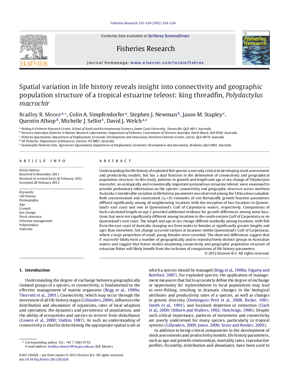 Spatial variation in life history reveals insight into connectivity and geographic population structure of a tropical estuarine teleost: king threadfin, Polydactylus macrochir