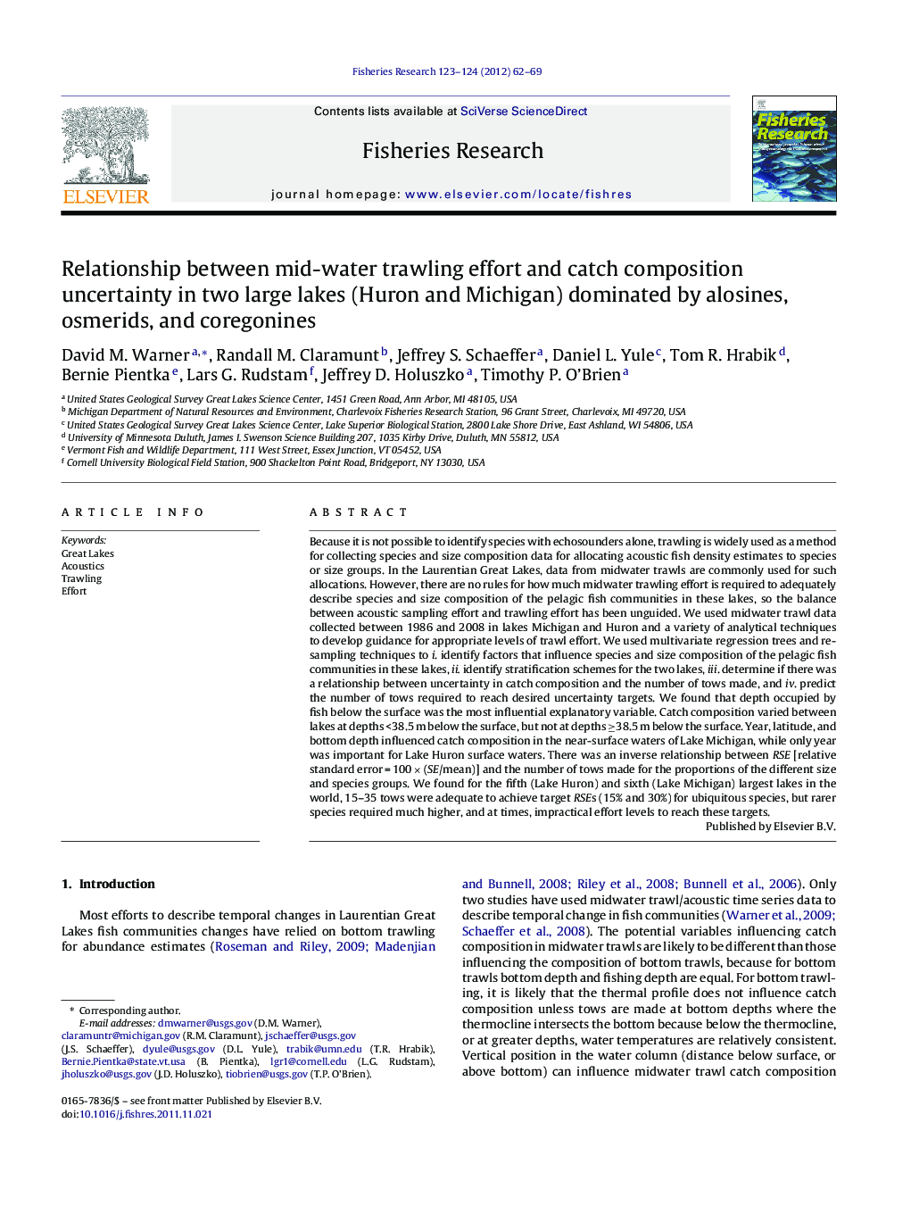 Relationship between mid-water trawling effort and catch composition uncertainty in two large lakes (Huron and Michigan) dominated by alosines, osmerids, and coregonines