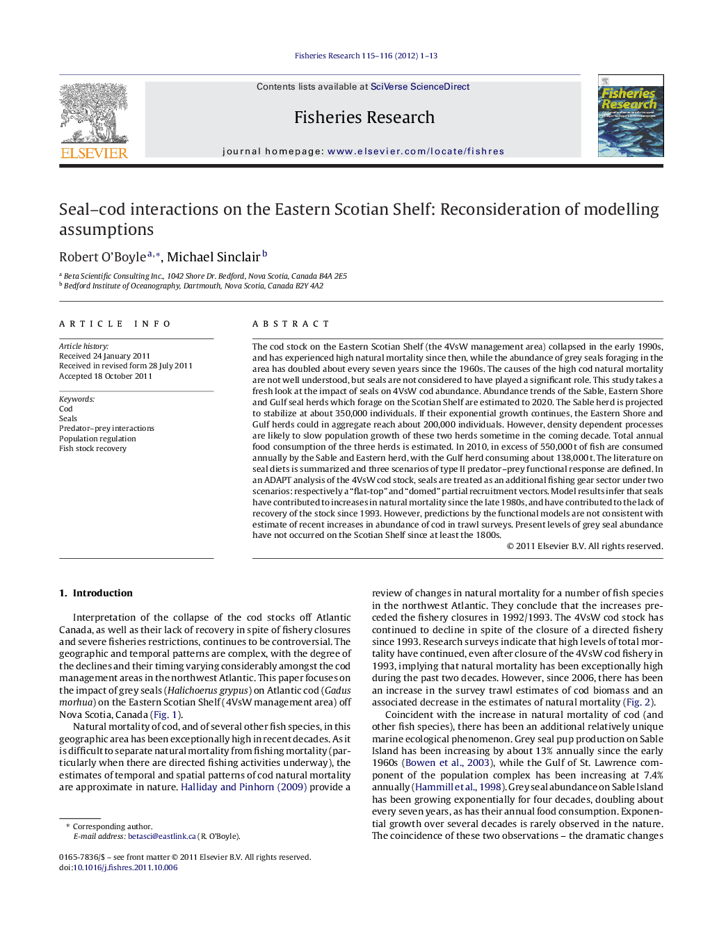 Seal–cod interactions on the Eastern Scotian Shelf: Reconsideration of modelling assumptions