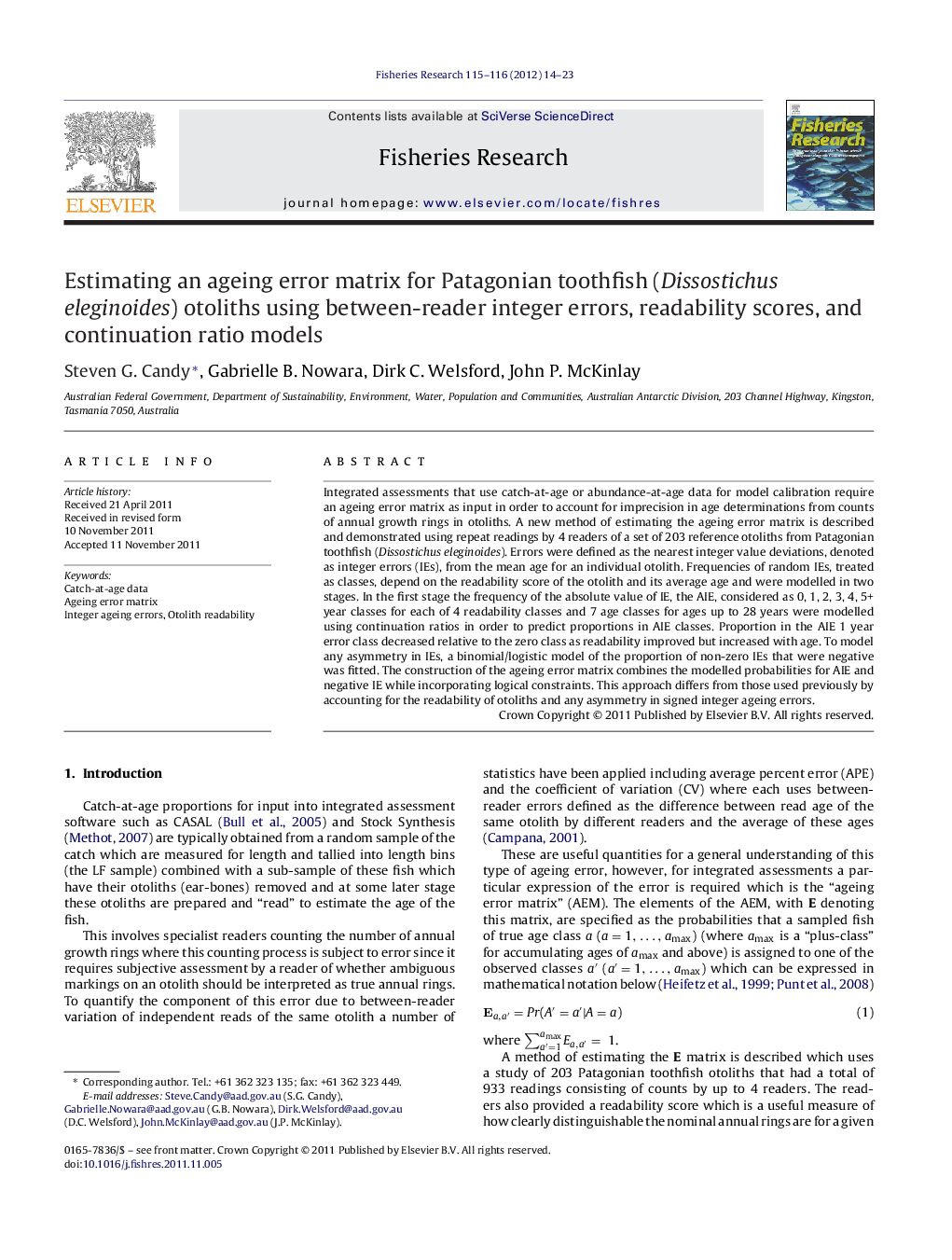 Estimating an ageing error matrix for Patagonian toothfish (Dissostichus eleginoides) otoliths using between-reader integer errors, readability scores, and continuation ratio models