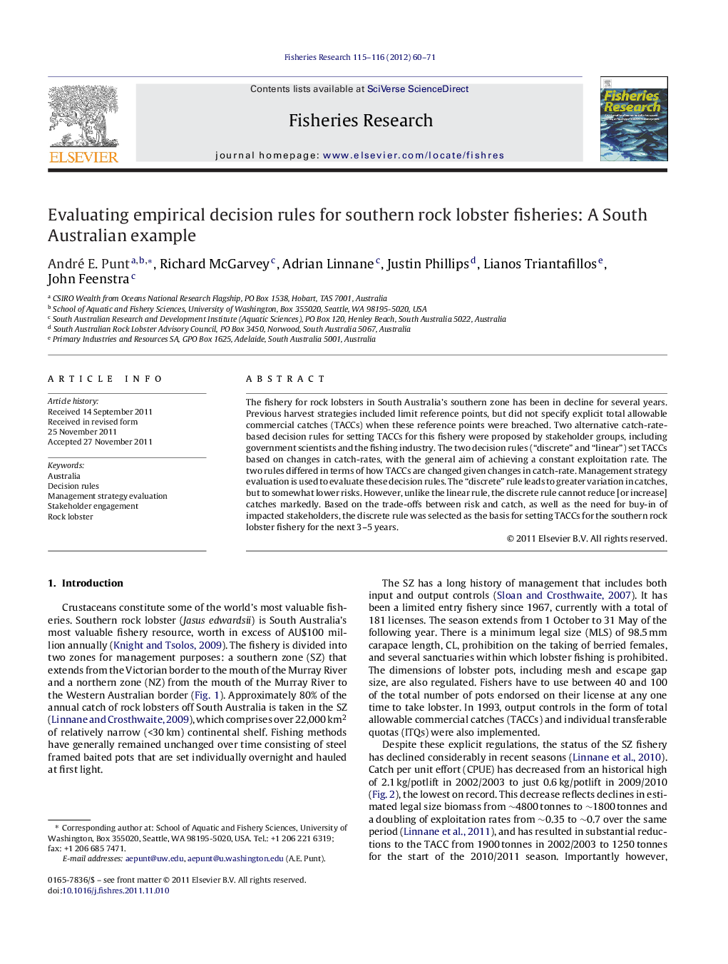 Evaluating empirical decision rules for southern rock lobster fisheries: A South Australian example