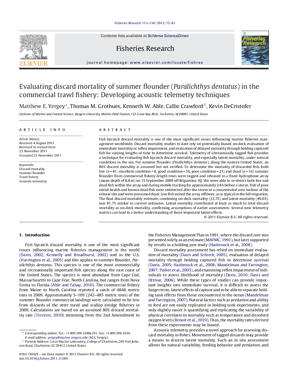 Evaluating discard mortality of summer flounder (Paralichthys dentatus) in the commercial trawl fishery: Developing acoustic telemetry techniques