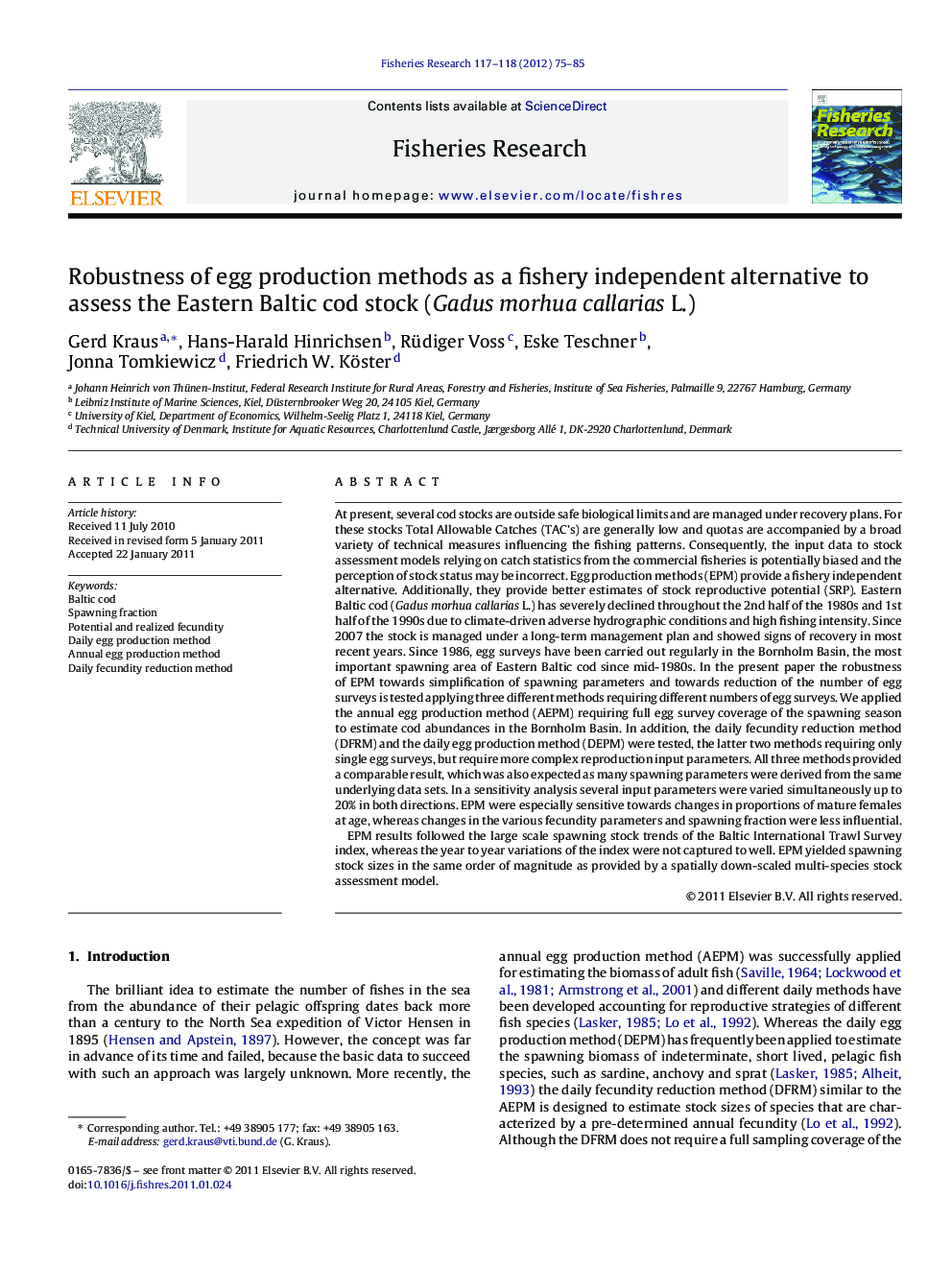 Robustness of egg production methods as a fishery independent alternative to assess the Eastern Baltic cod stock (Gadus morhua callarias L.)