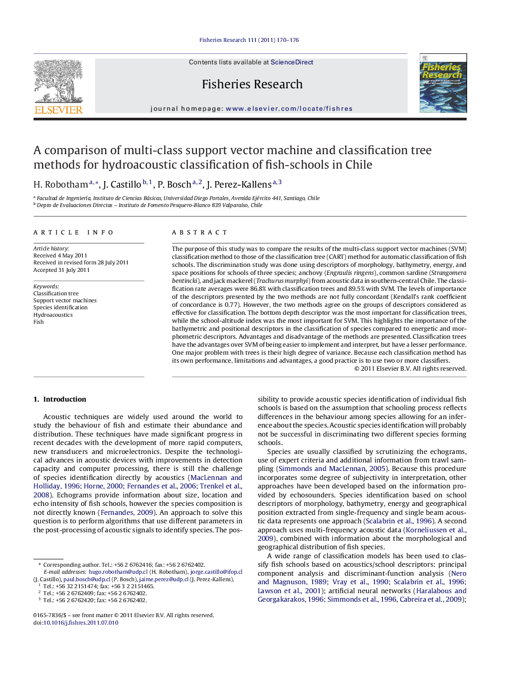 عکس صفحه اول مقاله: A comparison of multi-class support vector machine and classification tree methods for hydroacoustic classification of fish-schools in Chile A comparison of multi-class support vector machine and classification tree methods for hydroacoustic classification of fish-schools in Chile