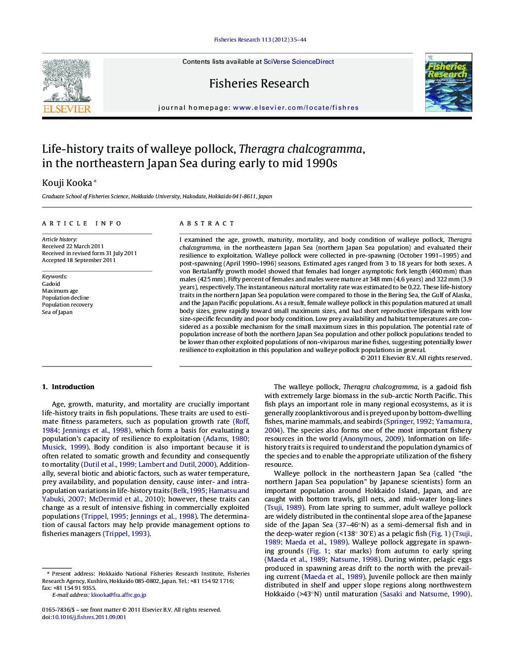 Life-history traits of walleye pollock, Theragra chalcogramma, in the northeastern Japan Sea during early to mid 1990s