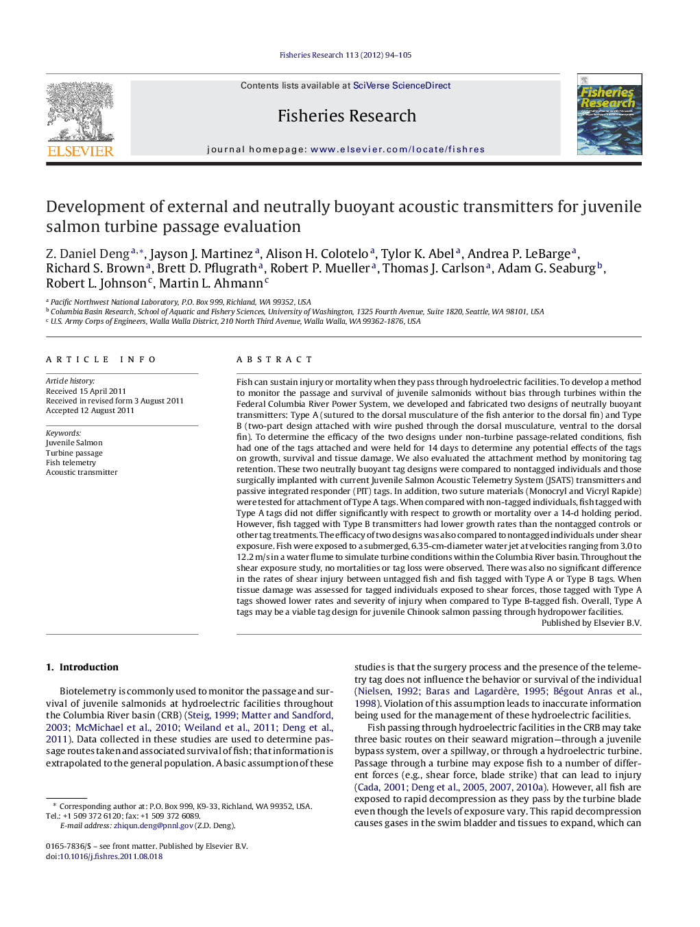 Development of external and neutrally buoyant acoustic transmitters for juvenile salmon turbine passage evaluation