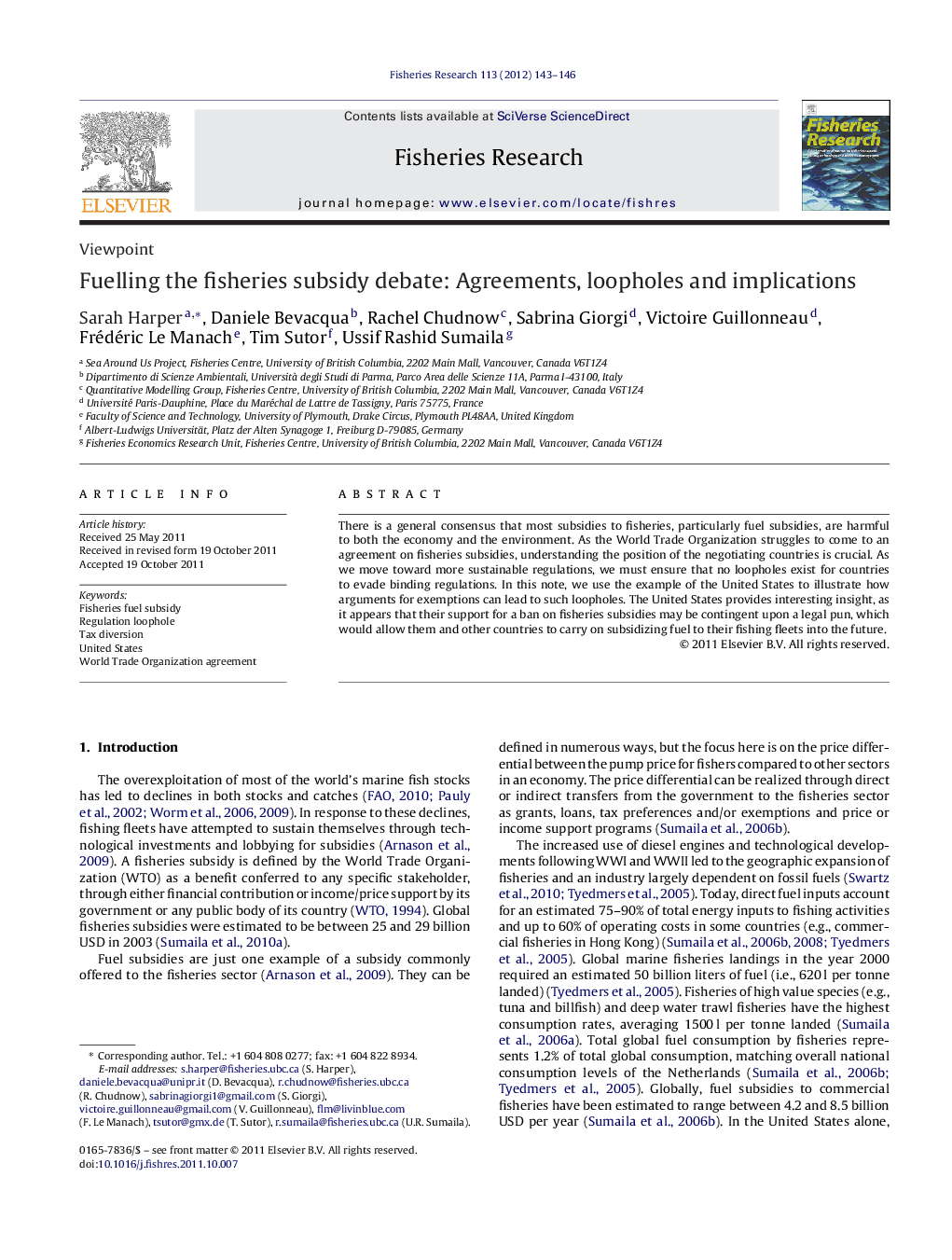 عکس صفحه اول مقاله: Fuelling the fisheries subsidy debate: Agreements, loopholes and implications Fuelling the fisheries subsidy debate: Agreements, loopholes and implications