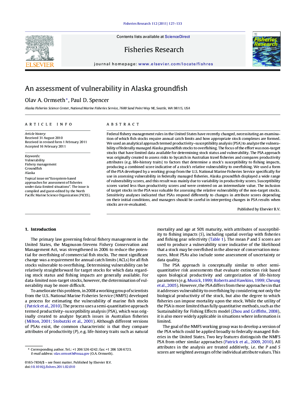 An assessment of vulnerability in Alaska groundfish